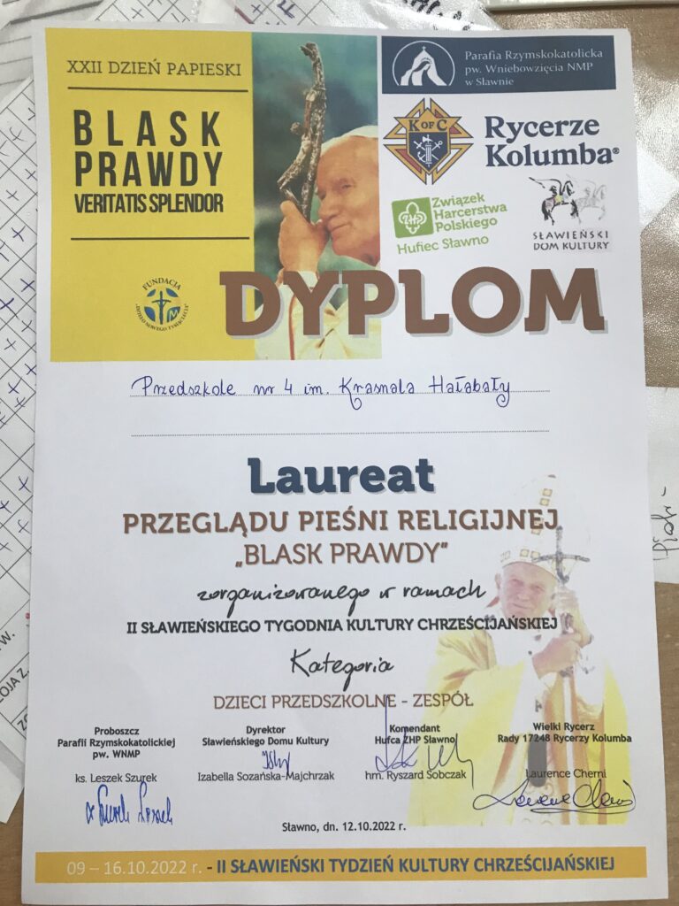 dyplom za uczestnictwo w przeglądzie pieśni religijnej