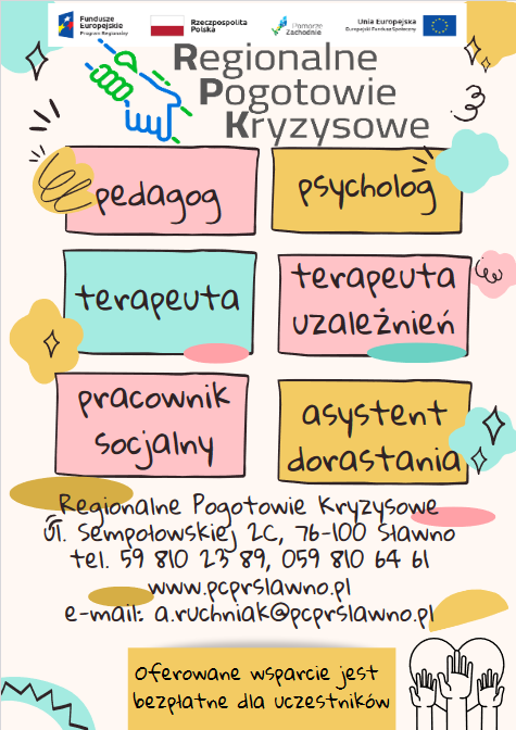 Ulotka z Powiatowego Centrum Kryzysowego w Sławnie. informacje w niej zawarte dotyczą kontaktu z instytucją 