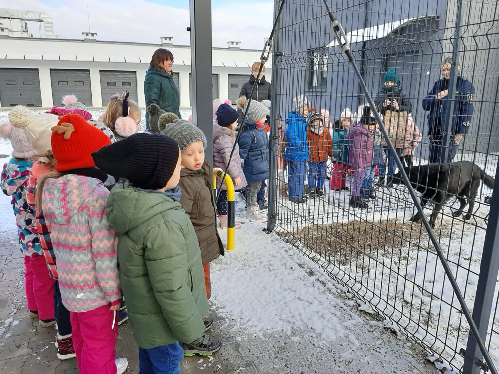 Dzieci wraz z paniami i panią policjantką stoją przed kojcem psa policyjnego Nero.