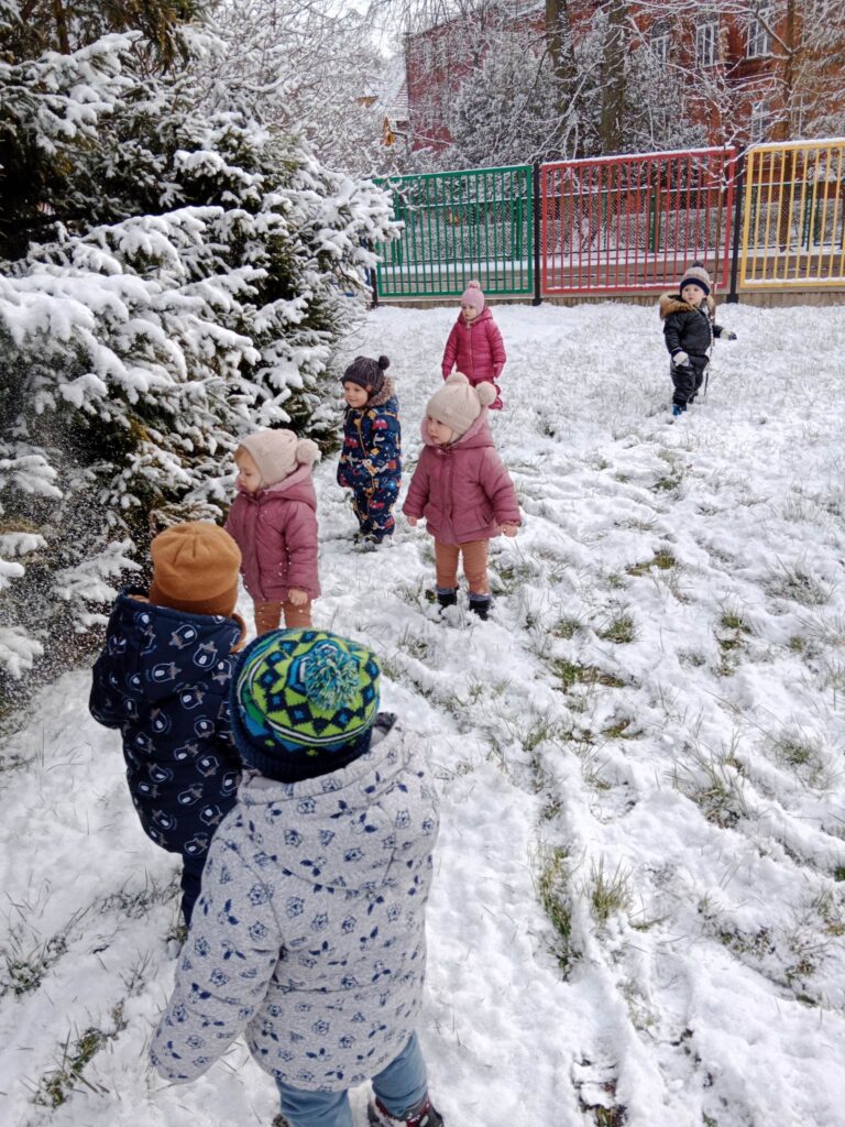 Dzieci z grupy Muchomorków bawią się na śniegu.