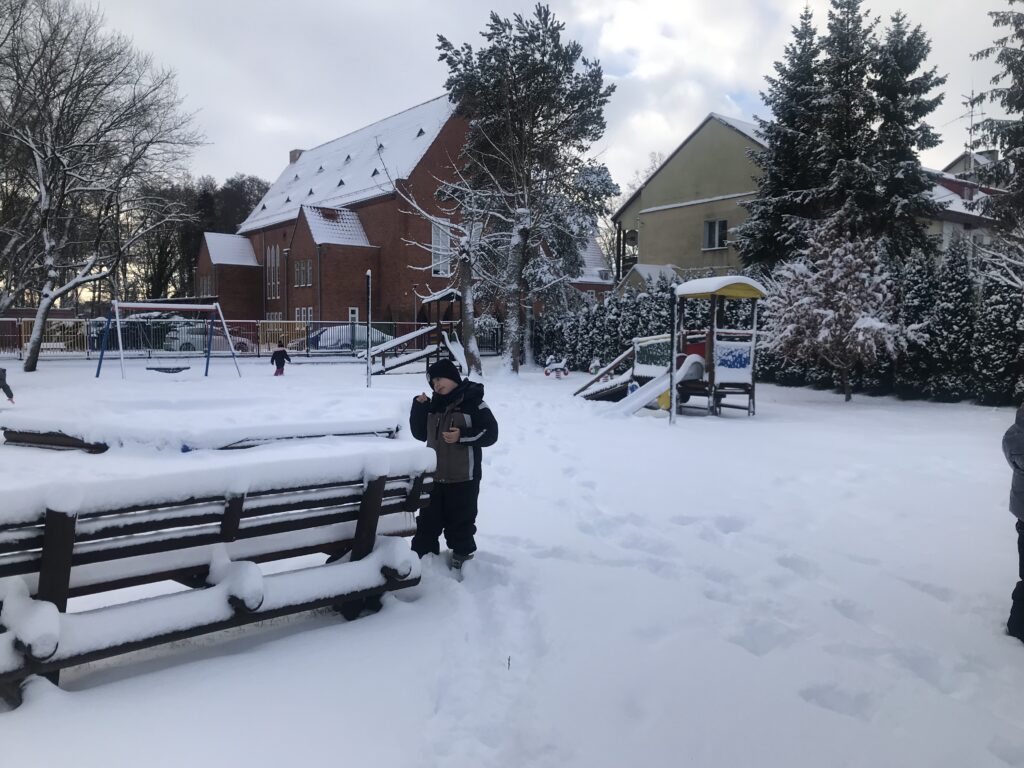 zabawa zimowa w ogrodzie i spacer, podziwianie zimowego krajobrazu