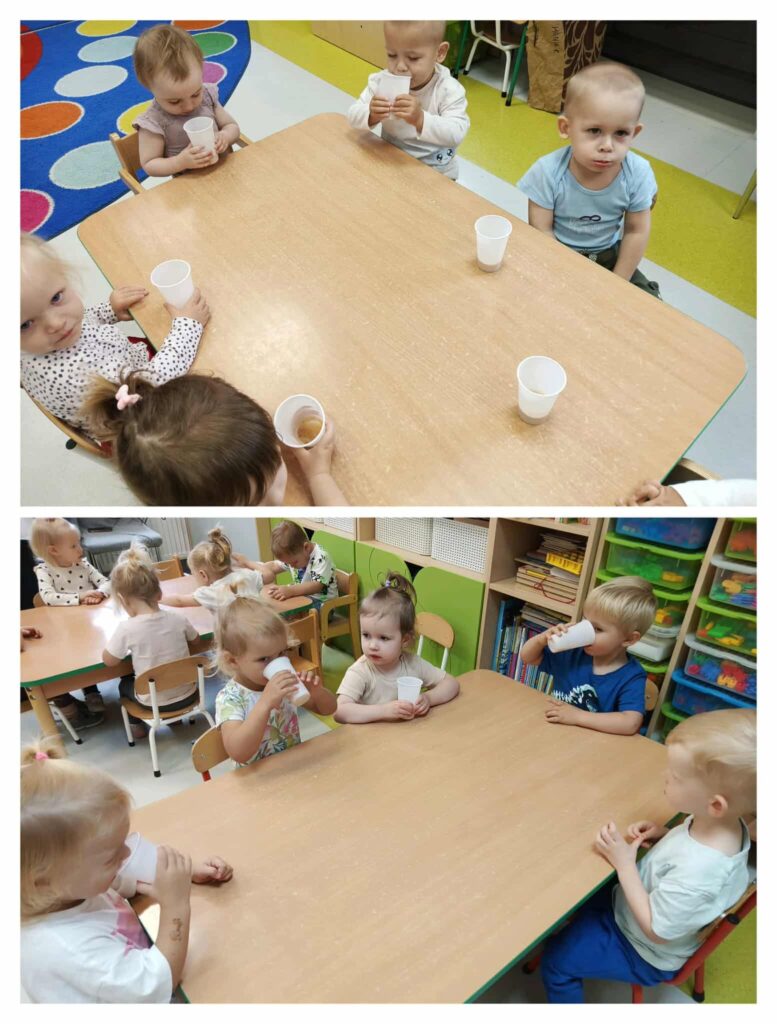 DZIECI DEGUSTUJĄ SOK Z JABŁEK