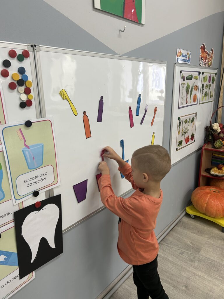 Chłopiec przy tablicy klasyfikuje przybory do mycia zębów według jednej cechy- kolor. 