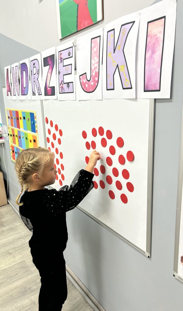 Dziewczynka stojąca przy tablicy wybera na kółeczku imię swojego przyszłego narzeczonego.