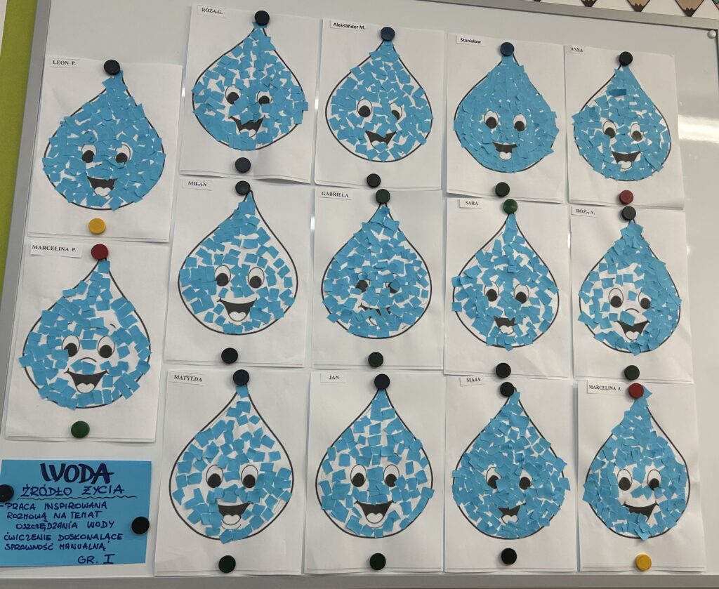 Prace plastyczne  dzieci dotyczace zdowych nawyków- picia wody i ochrnoy środowiska