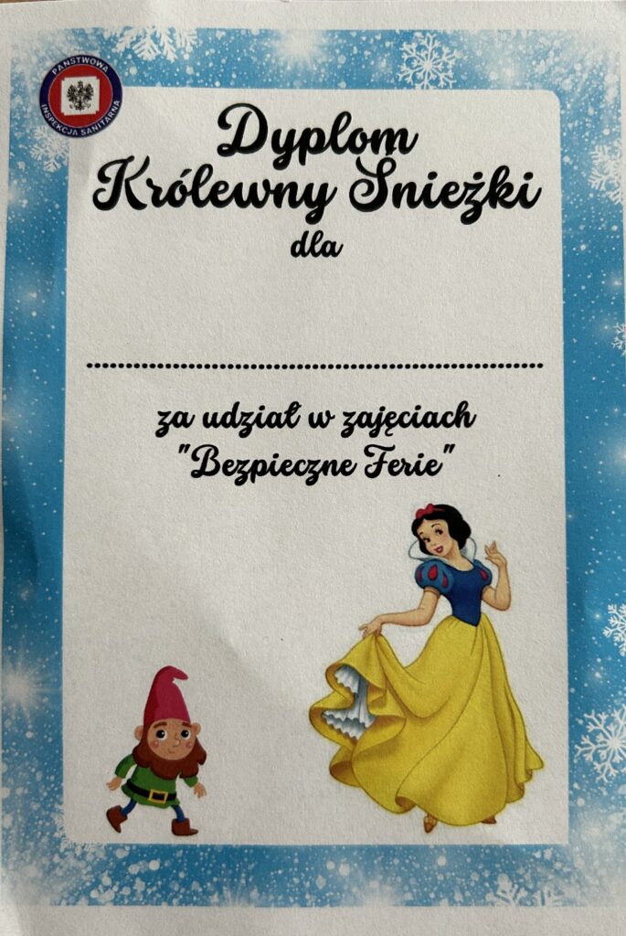 Wzór dyplomu jaki otrzymay przedszkolaki po prelekcji z pracownikiem Sanepid-u na temat przestrzegania zasad warunkujących zdrowie. 